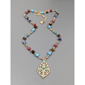 CHAPS‎ Multi Color Beaded Boho Western Neckalce Tigers Eye Faux Turquoise 21 in